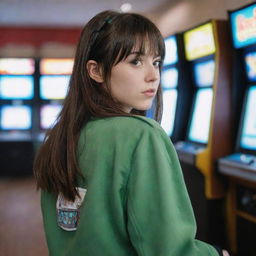 casual photograpy by kodak from the back, female , 23 year old with green eyes and black long hai with withe streaks in the bangs, brown jacket.,freckles, playing arcade video games, medium distance shot, high detailed, 4k hd,  --styerw--v 5.2 ar 2-3