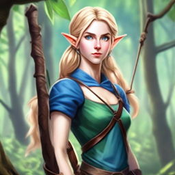 A detailed portrait of a female elf archer with blonde hair and blue eyes, set in a lush forest background