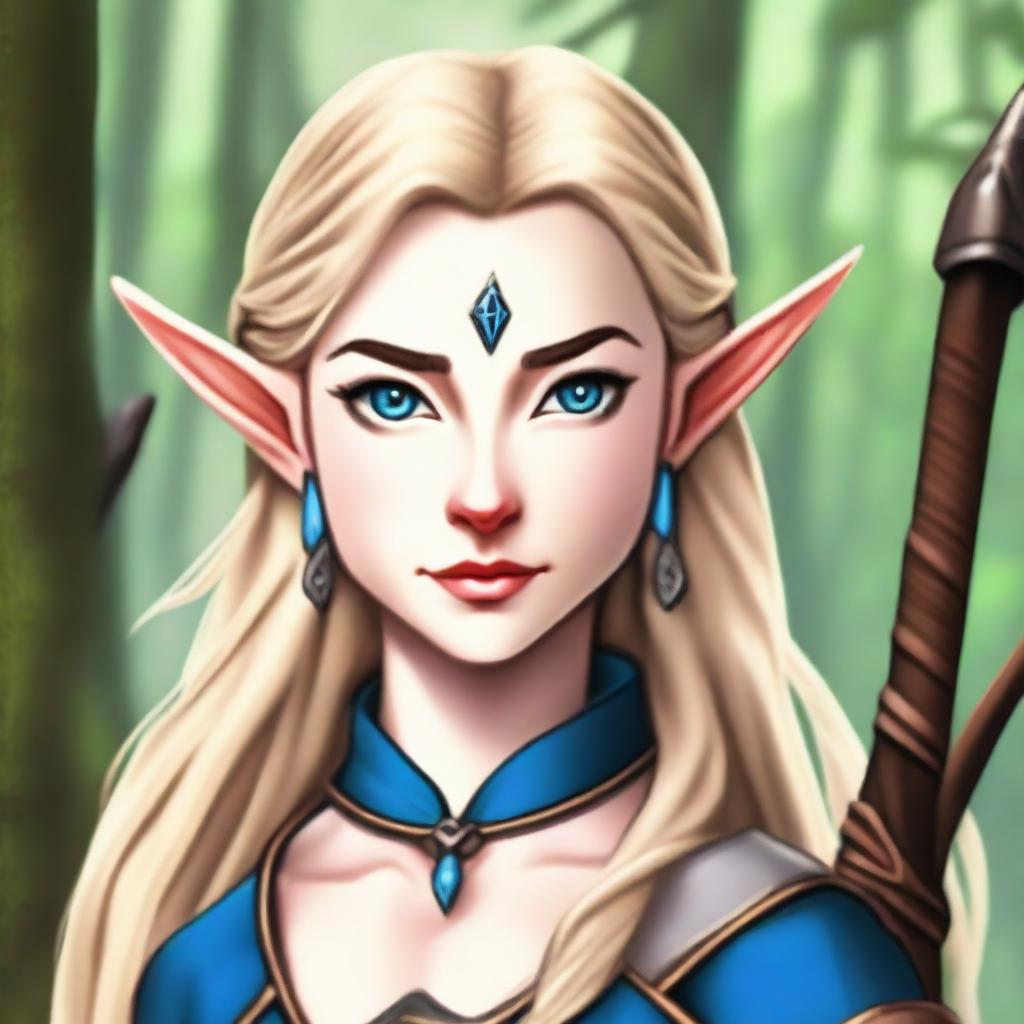 A detailed portrait of a female elf archer with blonde hair and blue eyes, set in a lush forest background