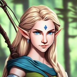 A detailed portrait of a female elf archer with blonde hair and blue eyes, set in a lush forest background