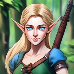 A detailed portrait of a female elf archer with blonde hair and blue eyes, set in a lush forest background