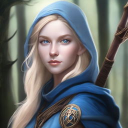 A detailed portrait of an elven female archer with blonde hair and blue eyes