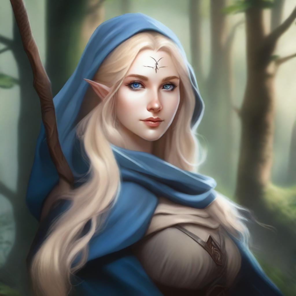 A detailed portrait of an elven female archer with blonde hair and blue eyes