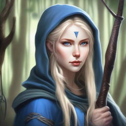 A detailed portrait of an elven female archer with blonde hair and blue eyes