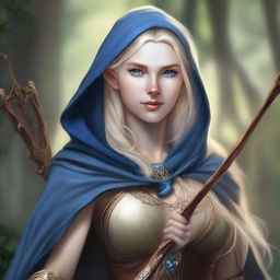 A detailed portrait of an elven female archer with blonde hair and blue eyes