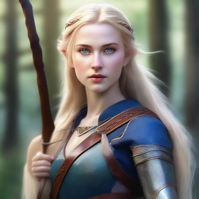 A detailed portrait of an elven female archer with long blonde hair and blue eyes