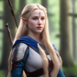 A detailed portrait of an elven female archer with long blonde hair and blue eyes