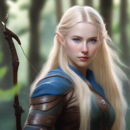 A detailed portrait of an elven female archer with long blonde hair and blue eyes