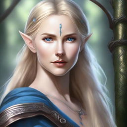 A detailed portrait of an elven female archer with long blonde hair and blue eyes