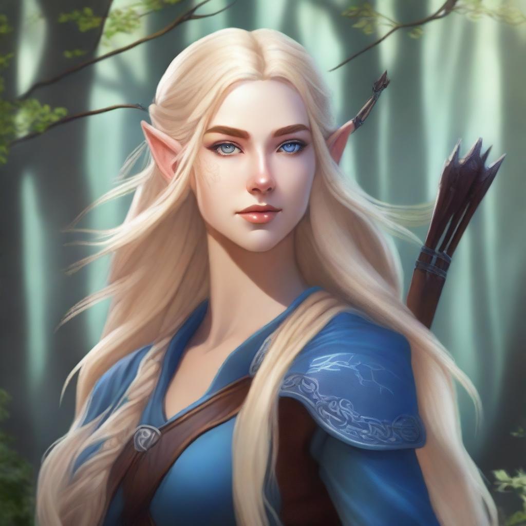 A detailed portrait of an elven female archer with long blonde hair and blue eyes