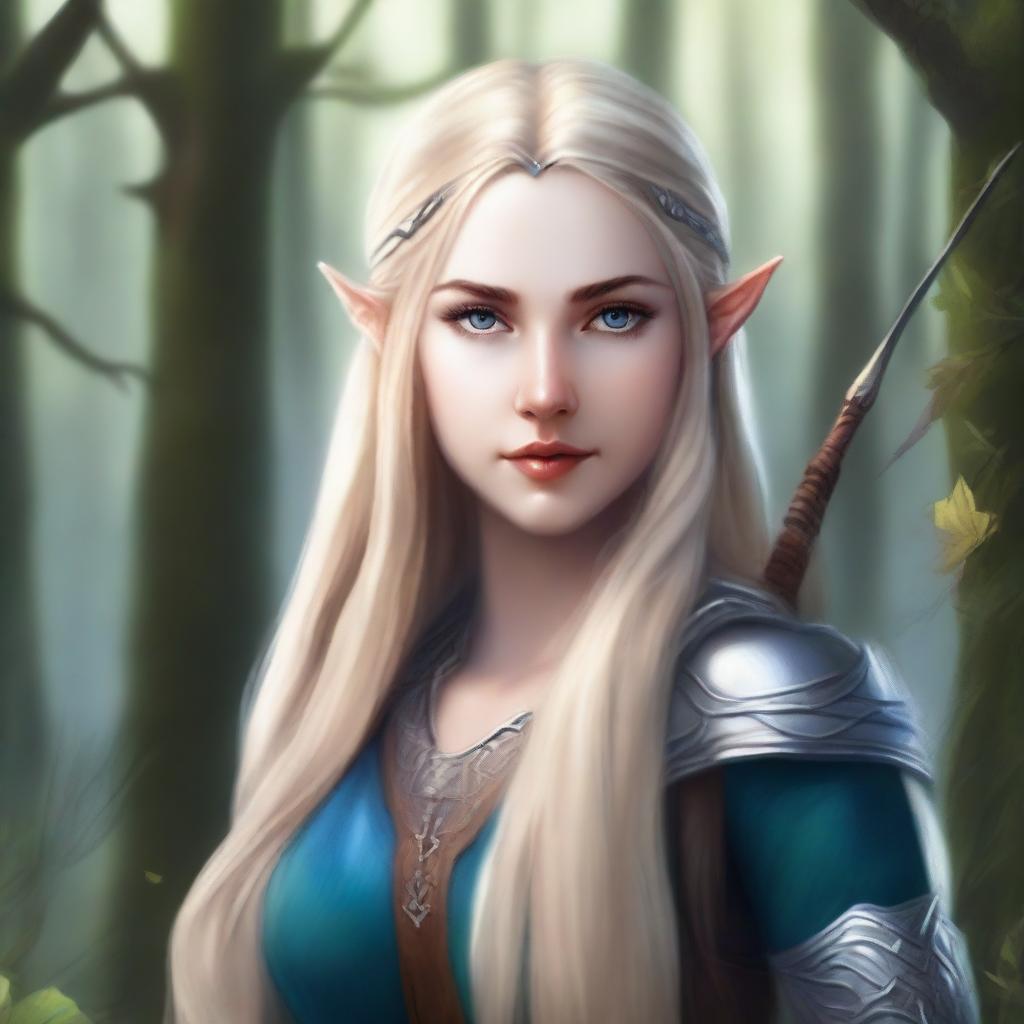 A detailed portrait of an elven female archer with long blonde hair and blue eyes