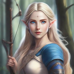 A detailed portrait of an elven female archer with long blonde hair and blue eyes