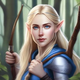 A detailed portrait of an elven female archer with long blonde hair and blue eyes