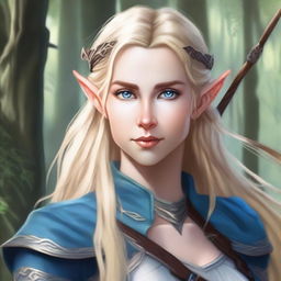 A detailed portrait of an elven female archer with long blonde hair and blue eyes