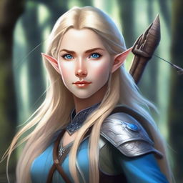 A detailed portrait of an elven female archer with long blonde hair and blue eyes