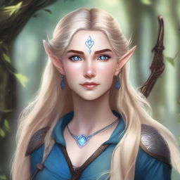 A detailed portrait of an elven female archer with long blonde hair and blue eyes