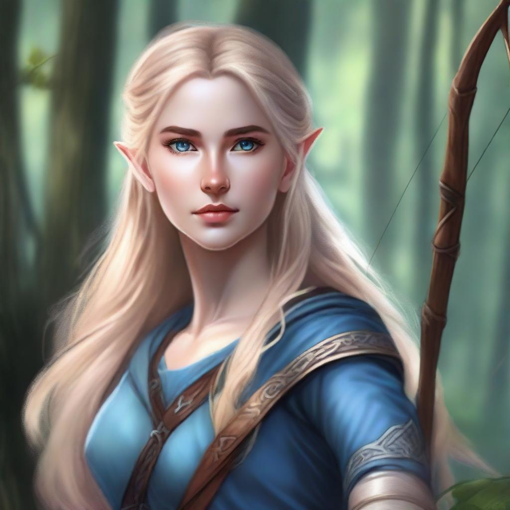 A detailed portrait of an elven female archer with long blonde hair and blue eyes