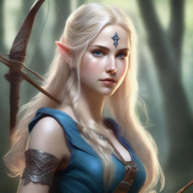 A detailed portrait of an elven female archer with long blonde hair and blue eyes