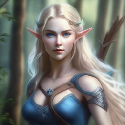 A detailed portrait of an elven female archer with long blonde hair and blue eyes