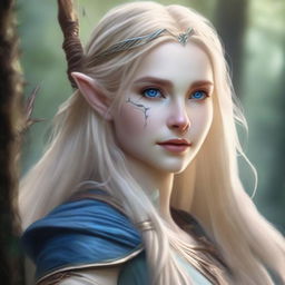 A detailed portrait of an elven female archer with long blonde hair and blue eyes