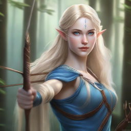 A detailed portrait of an elven female archer with long blonde hair and blue eyes