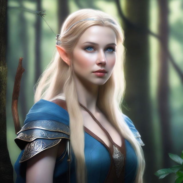 A detailed portrait of an elven female archer with long blonde hair and blue eyes