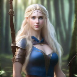 A detailed portrait of an elven female archer with long blonde hair and blue eyes