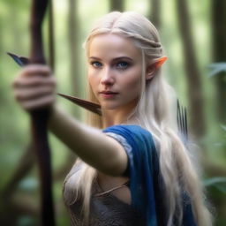 A detailed portrait of an elven female archer with long blonde hair and blue eyes