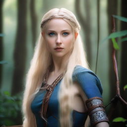 A detailed portrait of an elven female archer with long blonde hair and blue eyes