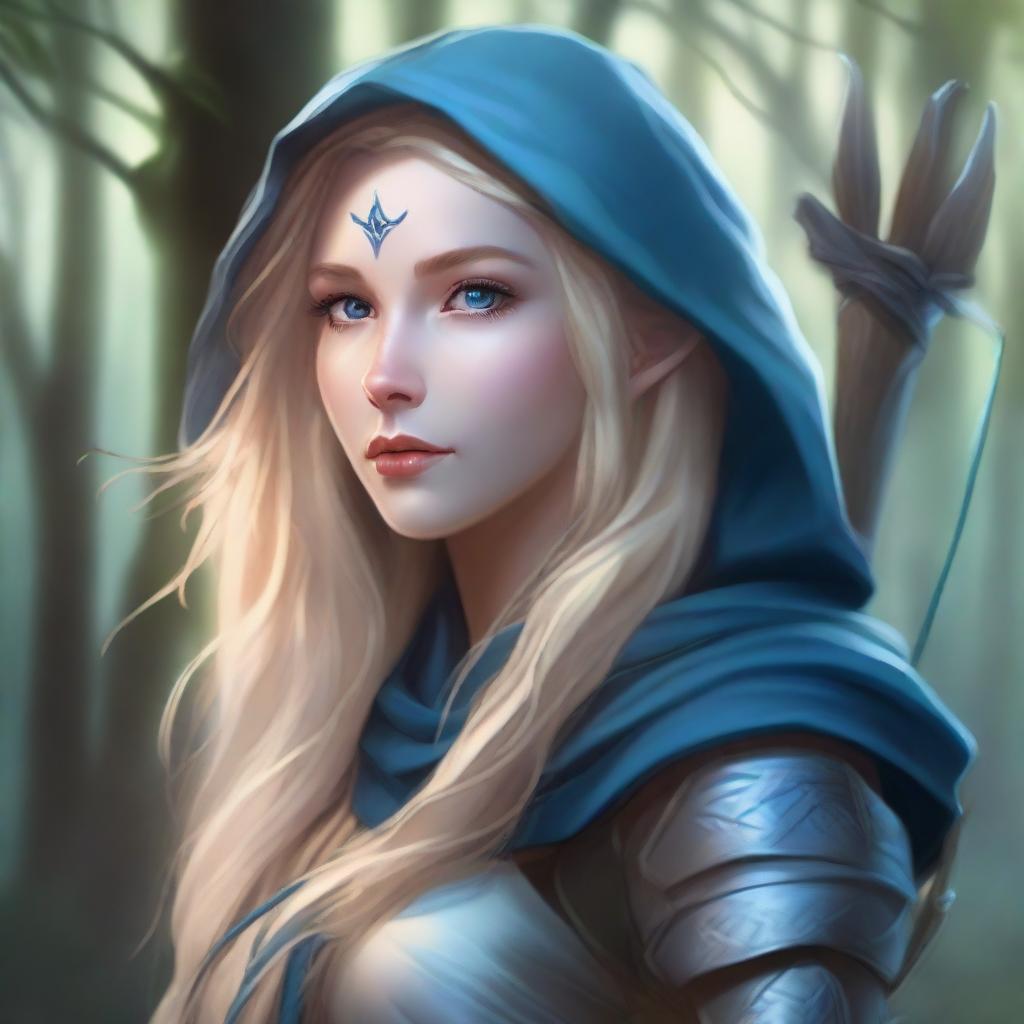 A detailed portrait of an elven female archer with long blonde hair and blue eyes, standing in a mystical forest