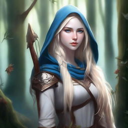 A detailed portrait of an elven female archer with long blonde hair and blue eyes, standing in a mystical forest