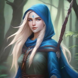 A detailed portrait of an elven female archer with long blonde hair and blue eyes, standing in a mystical forest