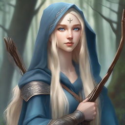 A detailed portrait of an elven female archer with long blonde hair and blue eyes, standing in a mystical forest