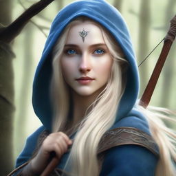 A detailed portrait of an elven female archer with long blonde hair and blue eyes