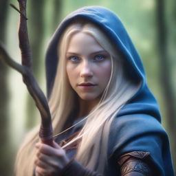 A detailed portrait of an elven female archer with long blonde hair and blue eyes