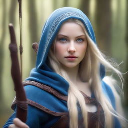 A detailed portrait of an elven female archer with long blonde hair and blue eyes