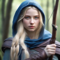 A detailed portrait of an elven female archer with long blonde hair and blue eyes