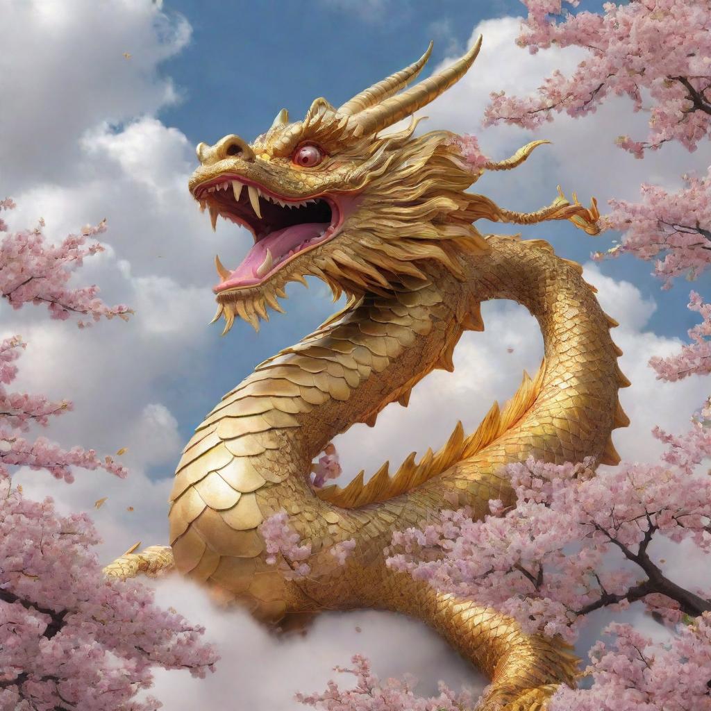 A majestic Chinese dragon, adorned with golden scales, soaring in the sky amidst clouds and cherry blossom petals.