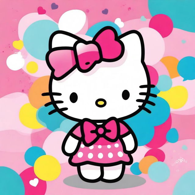 A cute and adorable illustration of Hello Kitty, the iconic character with her signature bow and outfit, standing in a cheerful and colorful background