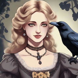 A young woman with wavy blonde hair, tanned skin, and yellow eyes looking at a raven while wearing a Victorian-era dress