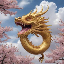 A majestic Chinese dragon, adorned with golden scales, soaring in the sky amidst clouds and cherry blossom petals.