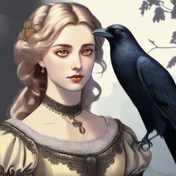 A young woman with wavy blonde hair, tanned skin, and yellow eyes looking at a raven while wearing a Victorian-era dress