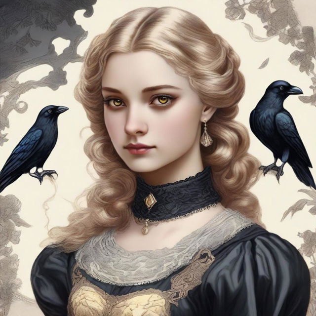 A young woman with wavy blonde hair, tanned skin, and yellow eyes looking at a raven while wearing a Victorian-era dress