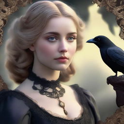 A young woman with wavy blonde hair, tanned skin, and yellow eyes looking at a raven while wearing a Victorian-era dress