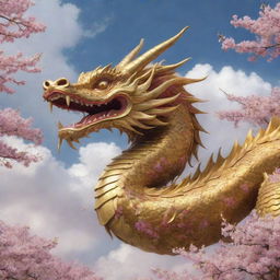 A majestic Chinese dragon, adorned with golden scales, soaring in the sky amidst clouds and cherry blossom petals.