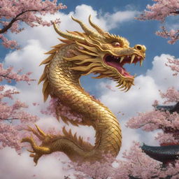 A majestic Chinese dragon, adorned with golden scales, soaring in the sky amidst clouds and cherry blossom petals.