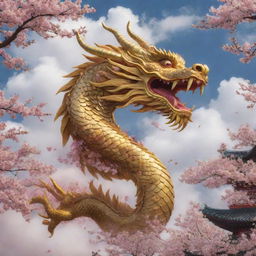 A majestic Chinese dragon, adorned with golden scales, soaring in the sky amidst clouds and cherry blossom petals.