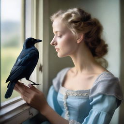 A young woman with wavy blonde hair, tanned skin, and yellow eyes, looking at a small crow perched on her hand