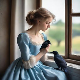 A young woman with wavy blonde hair, tanned skin, and yellow eyes, looking at a small crow perched on her hand