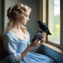 A young woman with wavy blonde hair, tanned skin, and yellow eyes, looking at a small crow perched on her hand